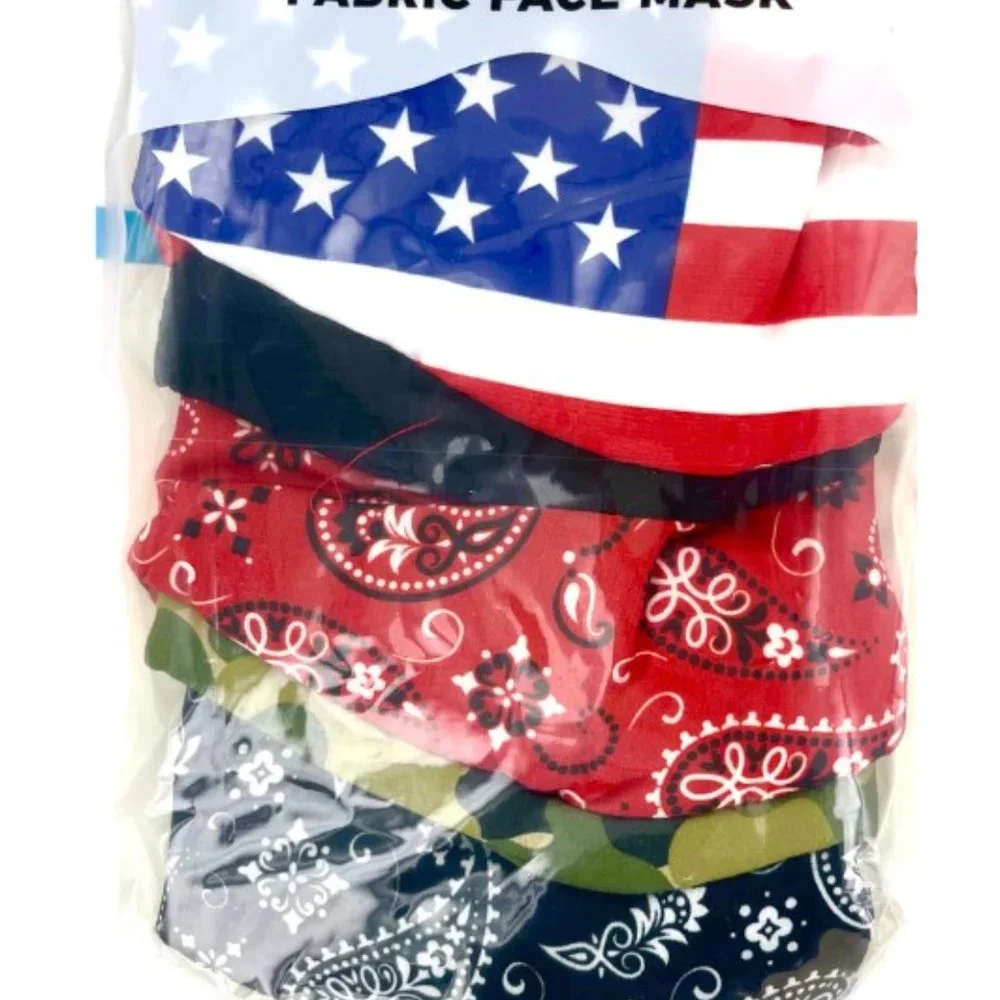 NWT FACE MASKS 5-PACK ADULT FLAG AND CAMO AND MORE